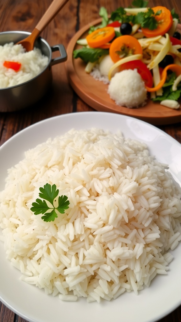 A bowl of fluffy white rice garnished with parsley, beside a rustic pot and salad on a wooden table.